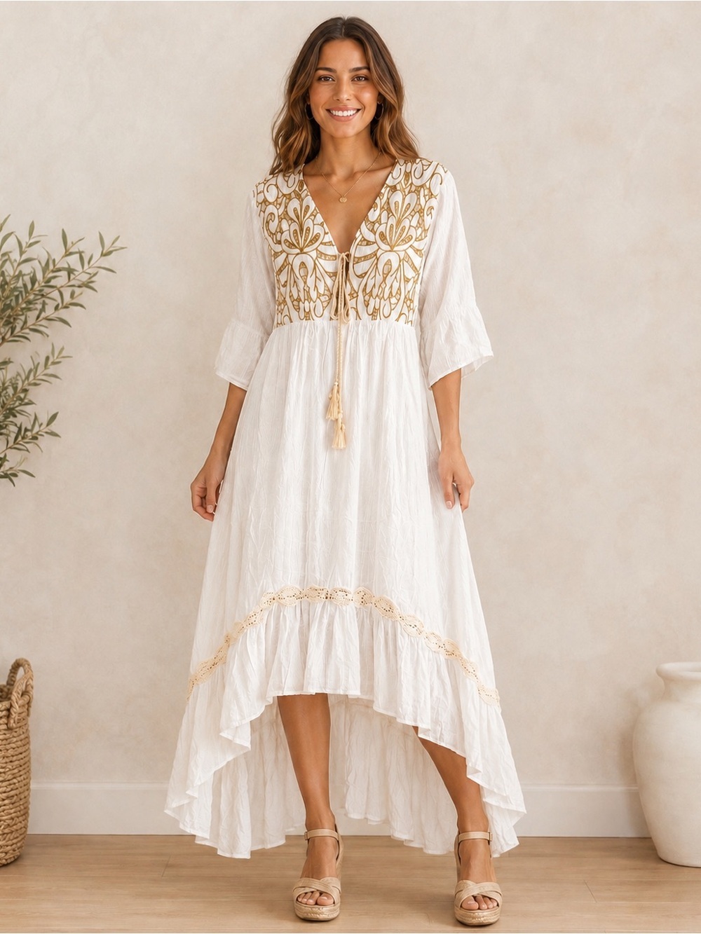 Ivory Embroidered V-Neck High-Low Boho Dress